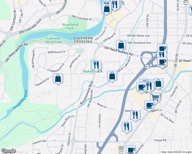 map of restaurants, bars, coffee shops, grocery stores, and more near 1216 Southwest Bryanwood Place in Bend