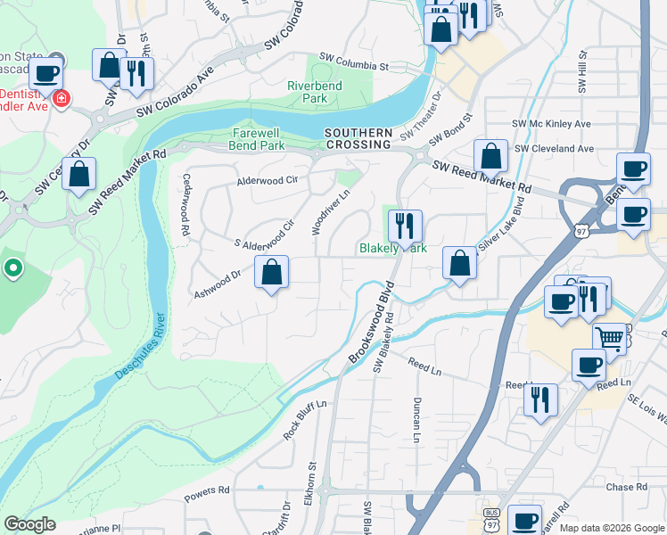 map of restaurants, bars, coffee shops, grocery stores, and more near 61598 Sunny Breeze Lane in Bend