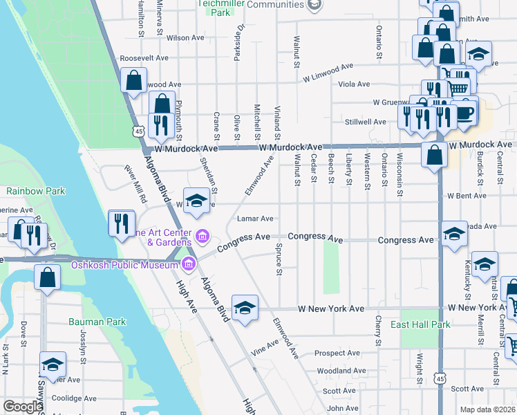 map of restaurants, bars, coffee shops, grocery stores, and more near 1334 West Bent Avenue in Oshkosh