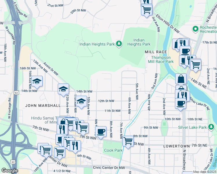 map of restaurants, bars, coffee shops, grocery stores, and more near 1424 8th Avenue Northwest in Rochester