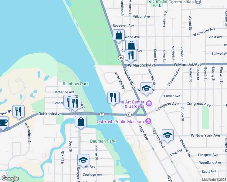 map of restaurants, bars, coffee shops, grocery stores, and more near 1762 River Mill Road in Oshkosh