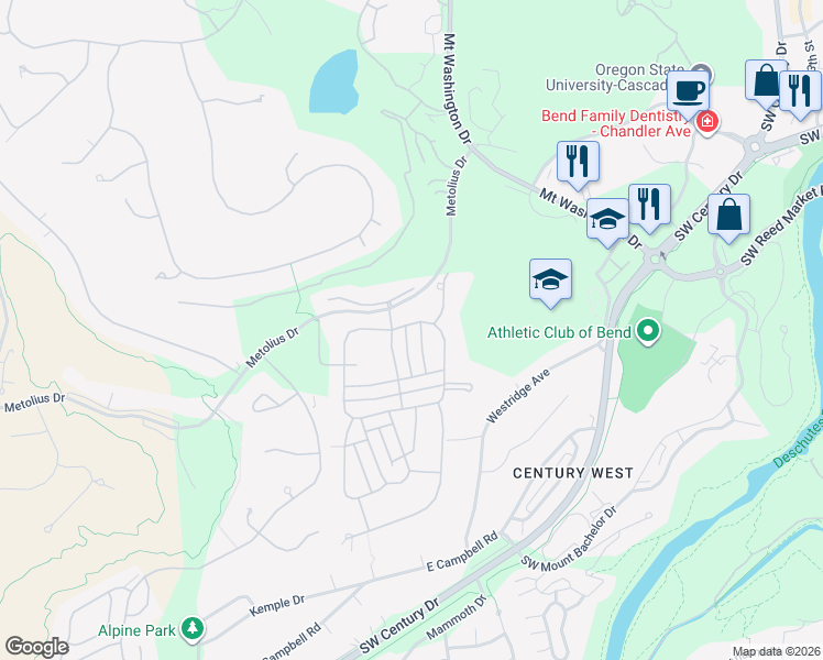 map of restaurants, bars, coffee shops, grocery stores, and more near 61591 O'Dell Lake Drive in Bend