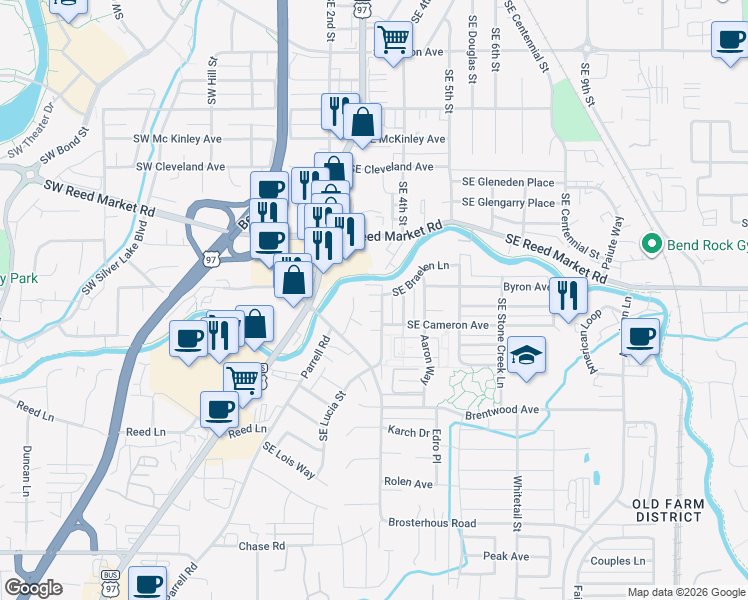 map of restaurants, bars, coffee shops, grocery stores, and more near 20434 Cider Court in Bend