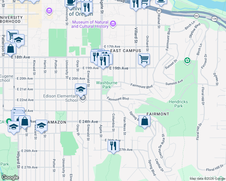 map of restaurants, bars, coffee shops, grocery stores, and more near 2303 McMorran Street in Eugene