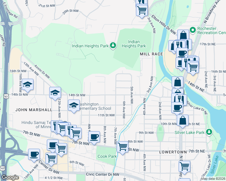 map of restaurants, bars, coffee shops, grocery stores, and more near 615 15th Street Northwest in Rochester