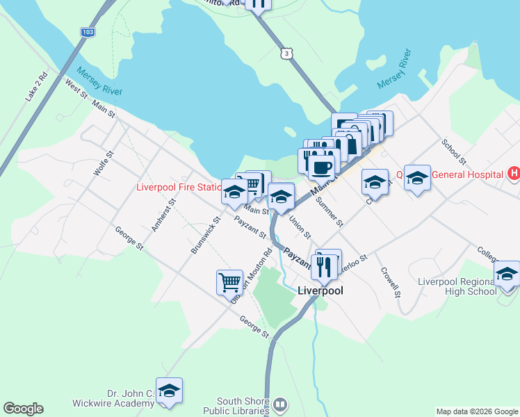 map of restaurants, bars, coffee shops, grocery stores, and more near 484 Main Street in Liverpool