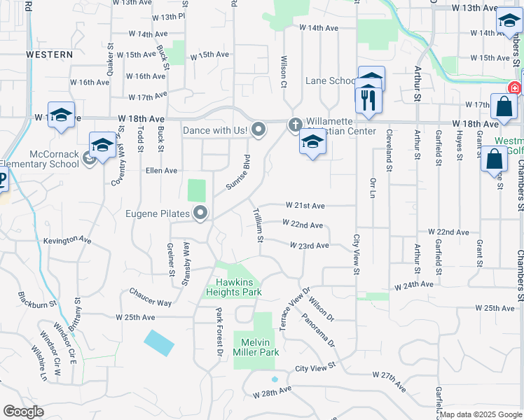 map of restaurants, bars, coffee shops, grocery stores, and more near 2125 Trillium Street in Eugene