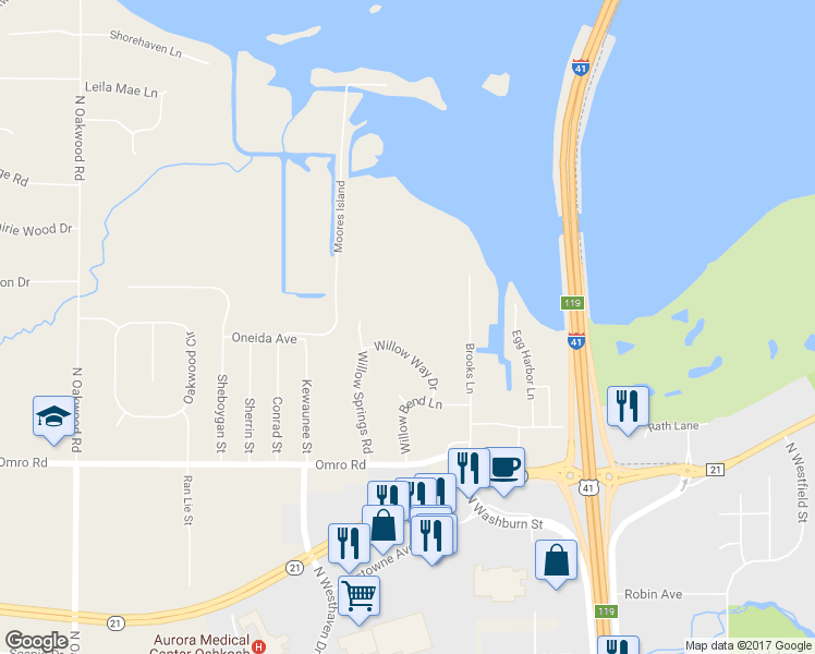 map of restaurants, bars, coffee shops, grocery stores, and more near 2274 Willow Way Drive in Oshkosh