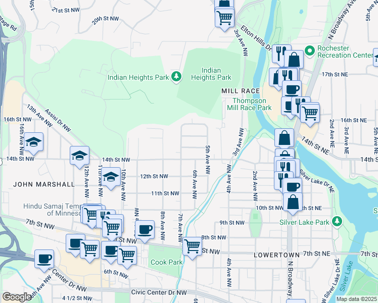 map of restaurants, bars, coffee shops, grocery stores, and more near 615 15th Street Northwest in Rochester