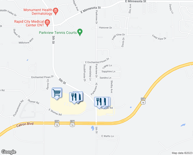 map of restaurants, bars, coffee shops, grocery stores, and more near 4298 Parkview Drive in Rapid City