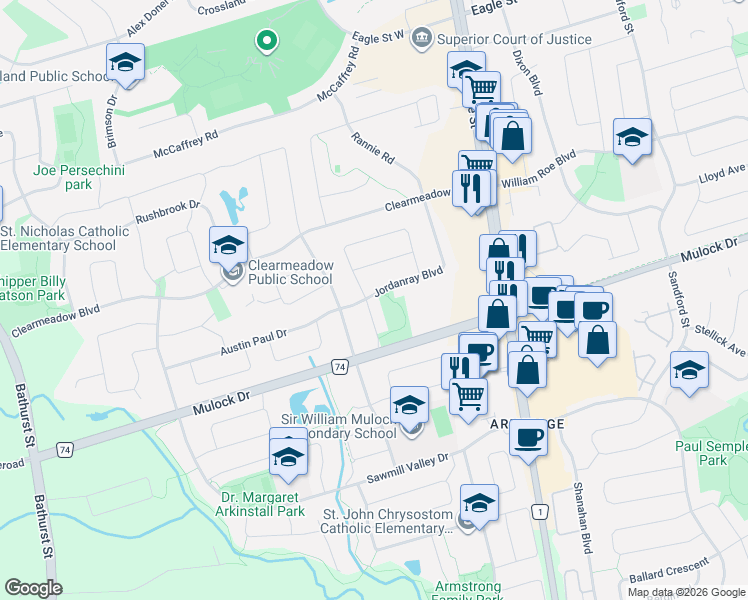 map of restaurants, bars, coffee shops, grocery stores, and more near 577 Osler Court in Newmarket