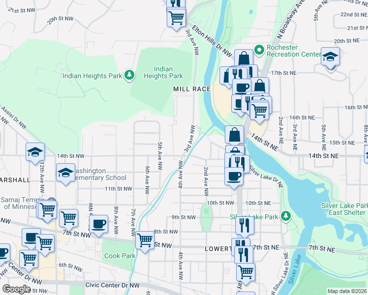 map of restaurants, bars, coffee shops, grocery stores, and more near 1321 3rd Avenue Northwest in Rochester