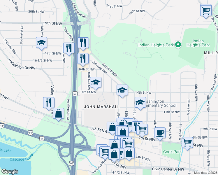 map of restaurants, bars, coffee shops, grocery stores, and more near 1417 14th Avenue Northwest in Rochester