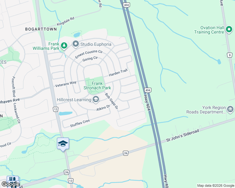 map of restaurants, bars, coffee shops, grocery stores, and more near 1236 Atkins Drive in Newmarket