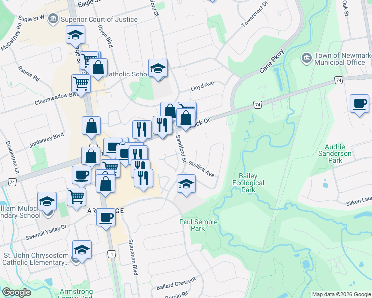 map of restaurants, bars, coffee shops, grocery stores, and more near 599 Sandford Street in Newmarket