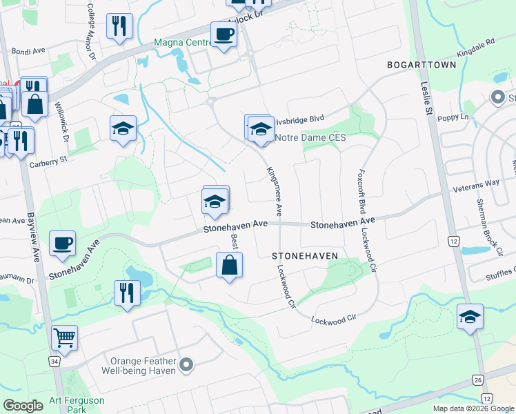map of restaurants, bars, coffee shops, grocery stores, and more near 912 Tegal Place in Newmarket