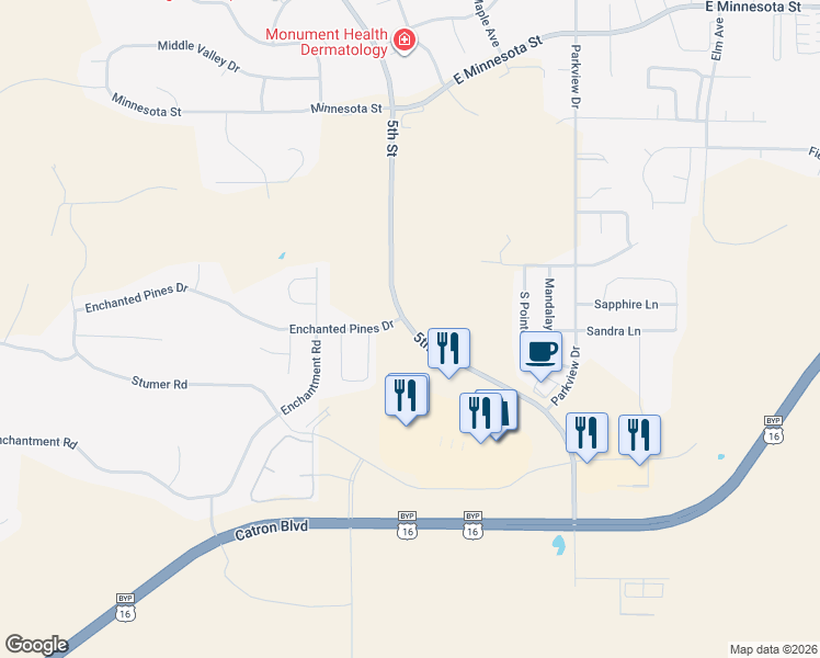 map of restaurants, bars, coffee shops, grocery stores, and more near 4815 5th Street in Rapid City