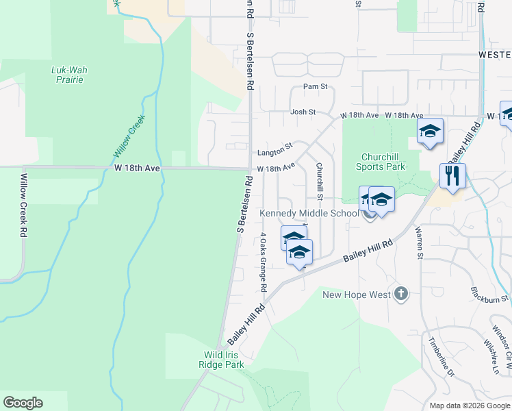 map of restaurants, bars, coffee shops, grocery stores, and more near 2090 4 Oaks Grange Road in Eugene