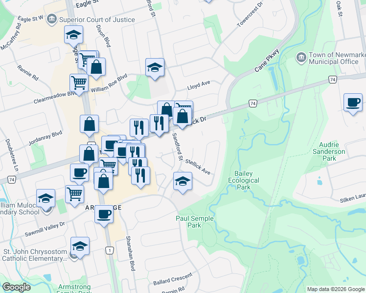 map of restaurants, bars, coffee shops, grocery stores, and more near in Newmarket
