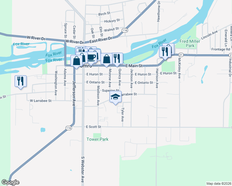 map of restaurants, bars, coffee shops, grocery stores, and more near 324 Superior Street in Omro