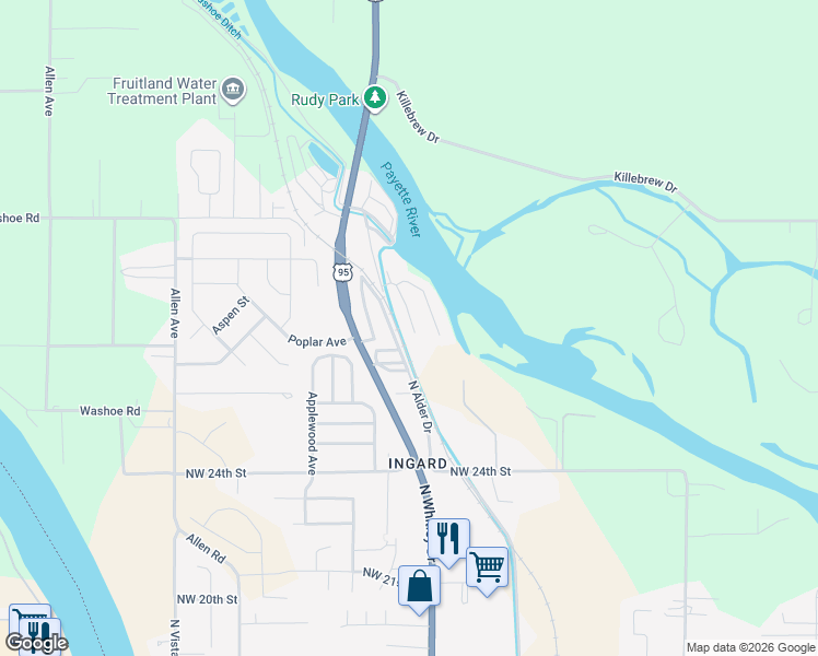 map of restaurants, bars, coffee shops, grocery stores, and more near 2750 Alden Road in Fruitland