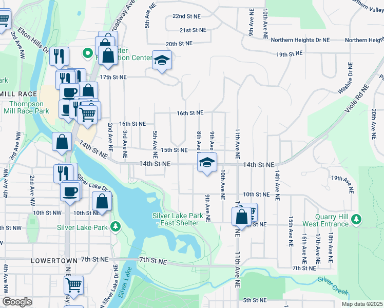 map of restaurants, bars, coffee shops, grocery stores, and more near 721 15th Street Northeast in Rochester
