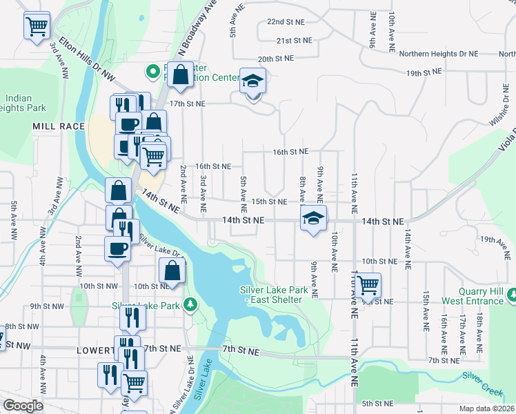 map of restaurants, bars, coffee shops, grocery stores, and more near 506 15th Street Northeast in Rochester