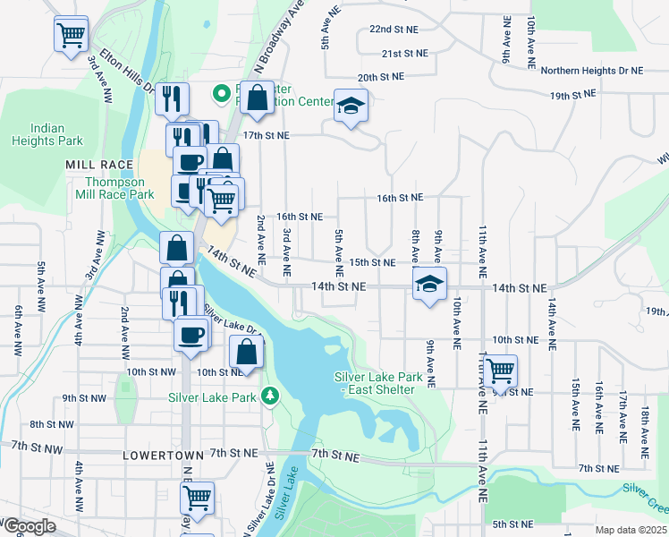 map of restaurants, bars, coffee shops, grocery stores, and more near 1421 5th Avenue Northeast in Rochester