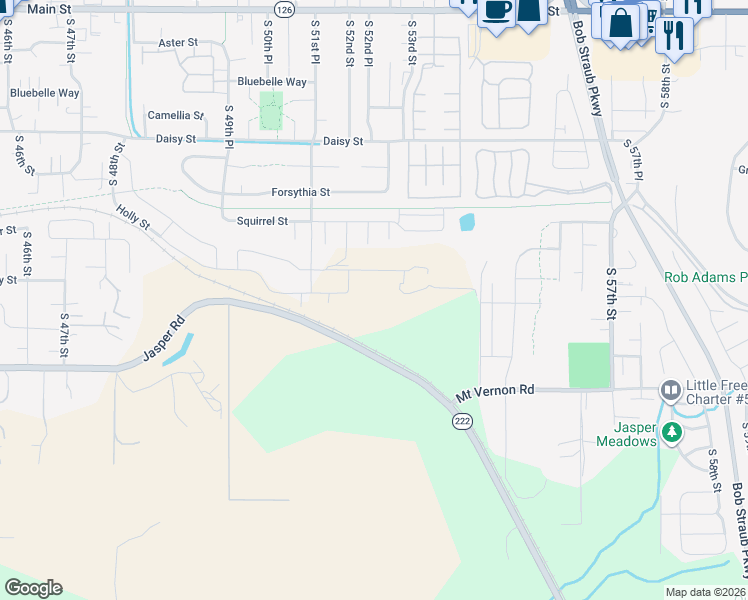map of restaurants, bars, coffee shops, grocery stores, and more near 5400 Mount Vernon Road in Springfield