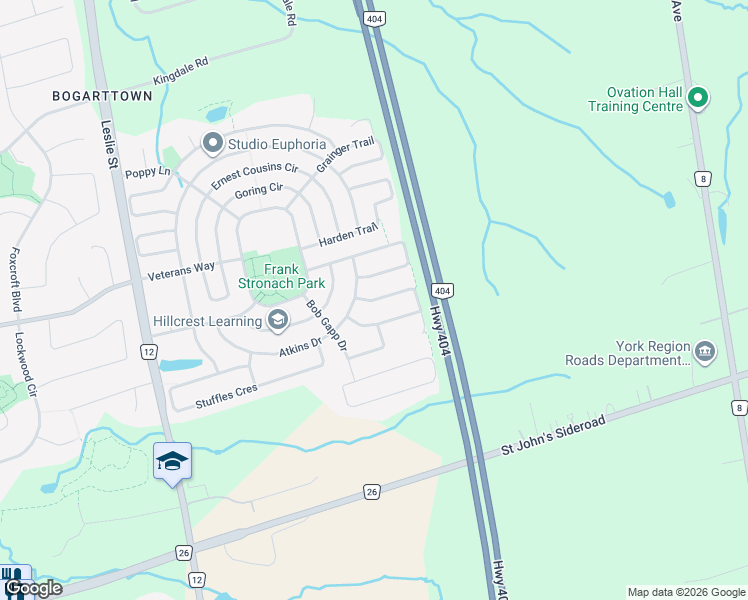 map of restaurants, bars, coffee shops, grocery stores, and more near McCron Crescent in Newmarket