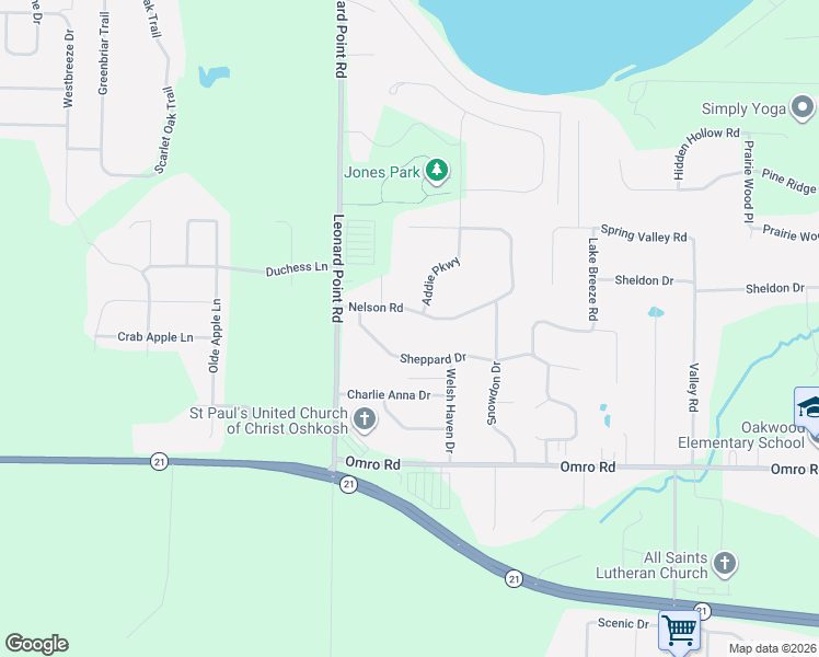 map of restaurants, bars, coffee shops, grocery stores, and more near 3447 Nelson Road in Oshkosh