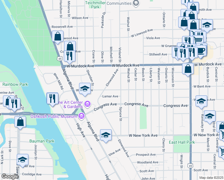 map of restaurants, bars, coffee shops, grocery stores, and more near 1334 West Bent Avenue in Oshkosh