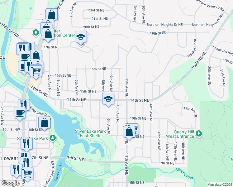 map of restaurants, bars, coffee shops, grocery stores, and more near 1001 15th Street Northeast in Rochester