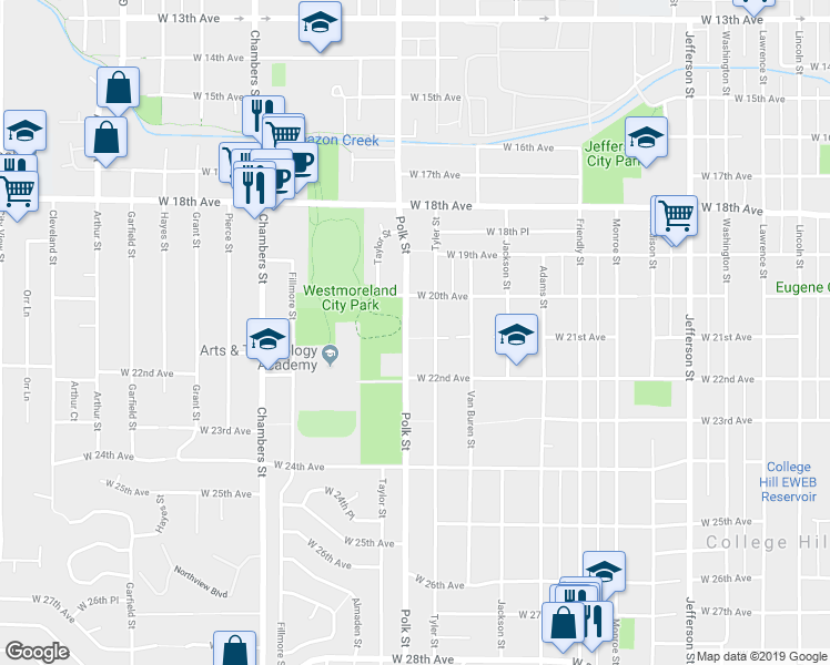 map of restaurants, bars, coffee shops, grocery stores, and more near 2095 Polk Street in Eugene