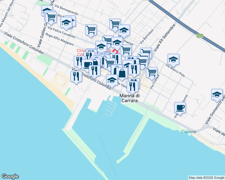 map of restaurants, bars, coffee shops, grocery stores, and more near 2 Viale Cristoforo Colombo in Carrara
