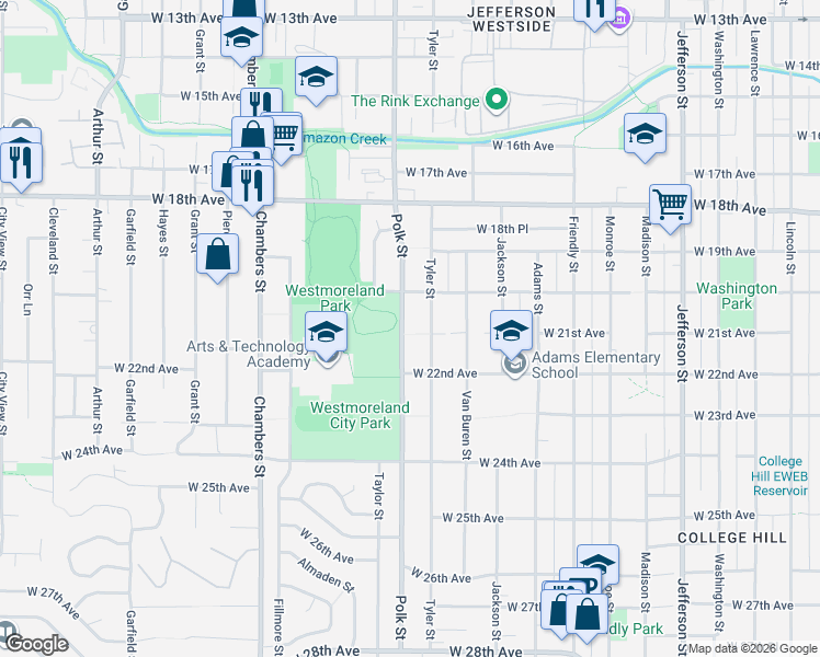 map of restaurants, bars, coffee shops, grocery stores, and more near 2095 Polk Street in Eugene