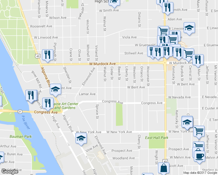 map of restaurants, bars, coffee shops, grocery stores, and more near 1112 West Bent Avenue in Oshkosh