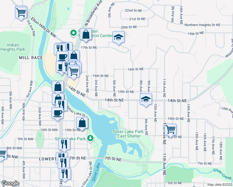 map of restaurants, bars, coffee shops, grocery stores, and more near 506 15th Street Northeast in Rochester