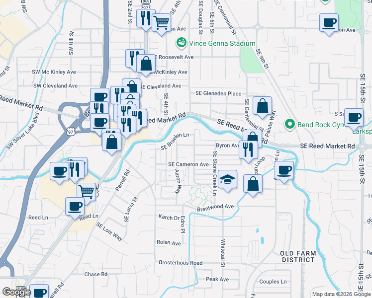 map of restaurants, bars, coffee shops, grocery stores, and more near 20482 Southeast Elijah Court in Bend