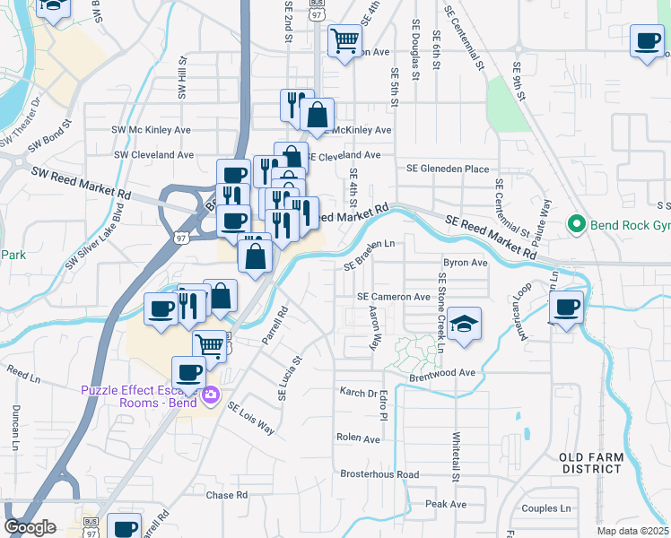 map of restaurants, bars, coffee shops, grocery stores, and more near 20434 Cider Court in Bend