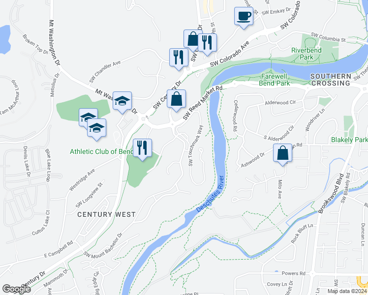 map of restaurants, bars, coffee shops, grocery stores, and more near 19800 Southwest Touchmark Way in Bend