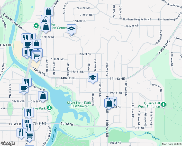 map of restaurants, bars, coffee shops, grocery stores, and more near 1501 9th Avenue Northeast in Rochester