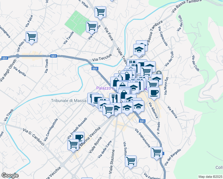 map of restaurants, bars, coffee shops, grocery stores, and more near 21-31 Viale Giacomo Puccini in Massa