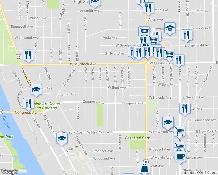 map of restaurants, bars, coffee shops, grocery stores, and more near 820 West Bent Avenue in Oshkosh