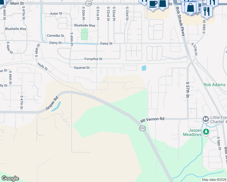 map of restaurants, bars, coffee shops, grocery stores, and more near 5400 Mount Vernon Road in Springfield