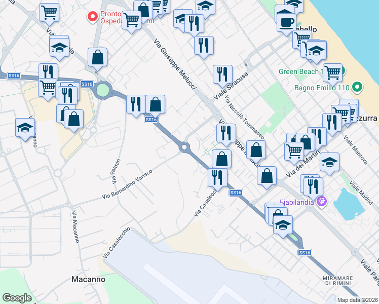 map of restaurants, bars, coffee shops, grocery stores, and more near Via Flaminia in Rimini