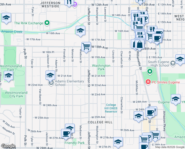 map of restaurants, bars, coffee shops, grocery stores, and more near 551 West 21st Avenue in Eugene