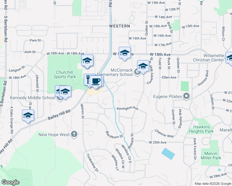 map of restaurants, bars, coffee shops, grocery stores, and more near 3639 Westleigh Street in Eugene