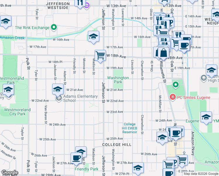 map of restaurants, bars, coffee shops, grocery stores, and more near 541 West 21st Avenue in Eugene