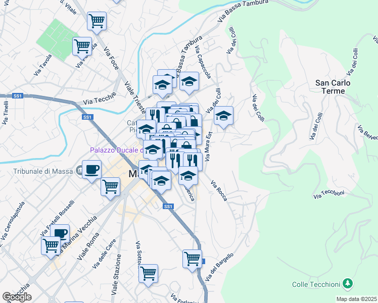 map of restaurants, bars, coffee shops, grocery stores, and more near 27 Piazza Aranci in Massa